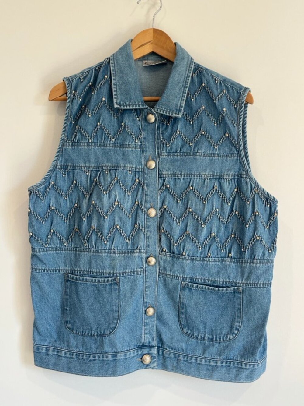 Saint Germain Paris Vintage Light Wash Zig Zag Embellished Studded Denim Vest